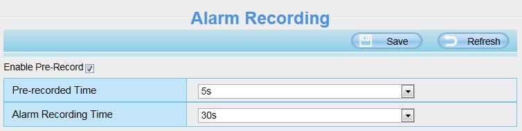 Figure 4.1 The default Pre-recorded time is 5s and the alarm record time is 30s, you can change another time, click Save button to take effect. 4.6.