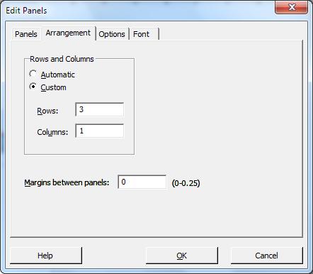 Graphing Data 2. On the Arrangement tab, in Rows and Columns, select Custom. In Rows, enter 3. In Columns, enter 1. 3. Click OK.