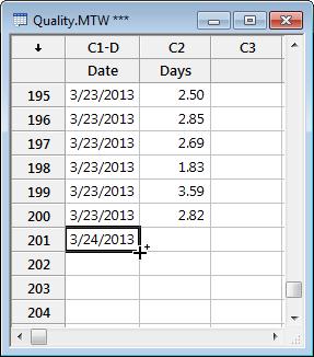 Assessing Quality 3. To add the date, 3/24/2013, to rows 201 210: a. Enter 3/24/2013 in row 201 in C1. b.