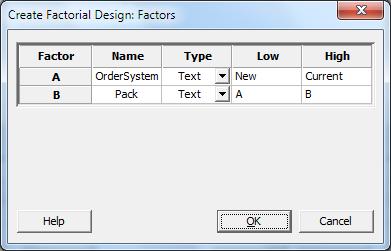 In this example, because you are performing a factorial design with two factors, you have only one option, a full factorial design with four experimental runs.