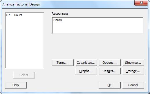 Designing an Experiment 2. In Responses, enter Hours. 3. Click Terms.