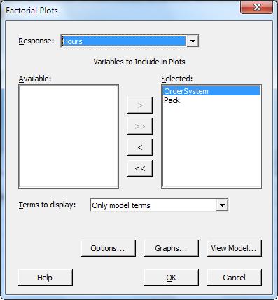 Designing an Experiment 2. Verify that the variables, OrderSystem and Pack, are in the Selected box. 3. Click OK.