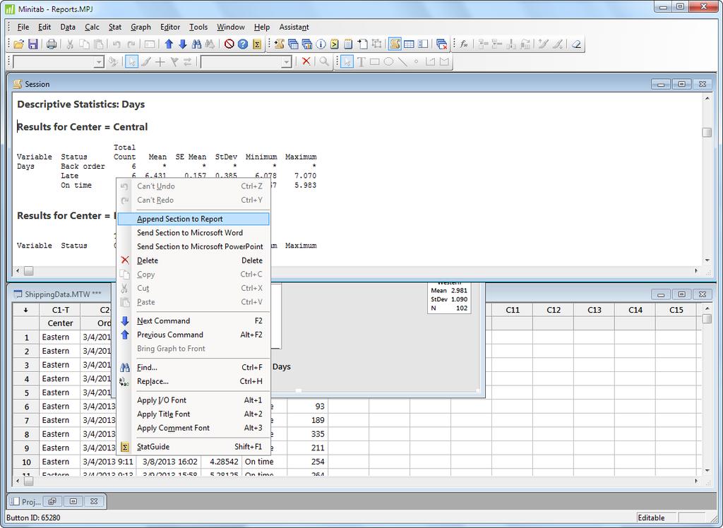 Generating a Report 2. In the Session window, click in the output for Results for Center = Central, right-click, then choose Append Section to Report.
