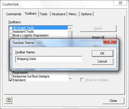 Customizing Minitab Create a custom toolbar Use Tools > Customize to create new menus and toolbars that contain the commands that you use frequently.