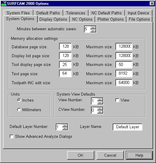INI file name and click Open. The SURFCAM 2000.1 Options dialog box will be displayed.
