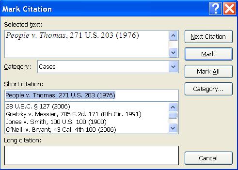 In the Category menu, select Cases. 4. In the Short citation bo