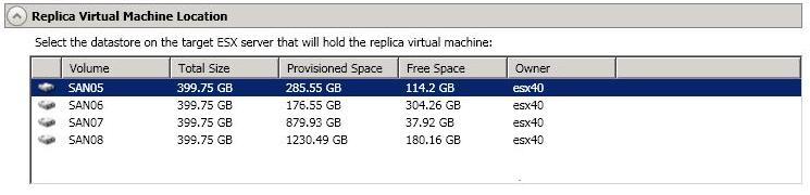 Replica Virtual Machine Location Select one of the volumes from the list to indicate the volume on the target where you want to store the configuration files for the new virtual server when