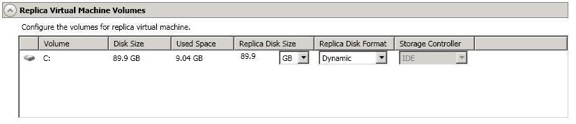Replica Virtual Machine Volumes Replica Disk Size For each volume you are protecting, specify the size of the replica disk on the target. Be sure and include the value in MB or GB for the disk.