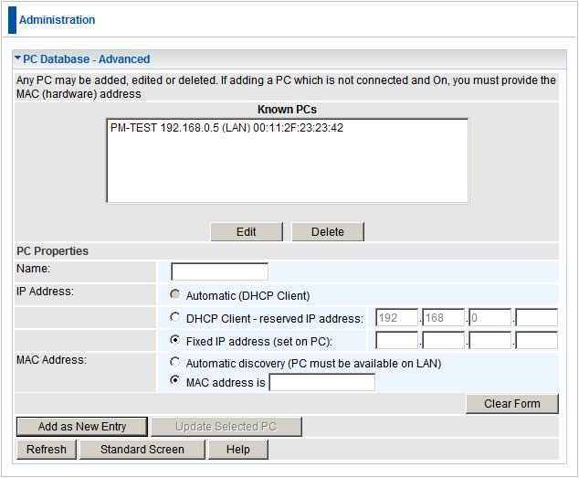 Advanced Administration PC Database (Admin) This screen is displayed if the "Advanced " button on the PC Database is clicked. It provides more control than the standard PC Database screen.
