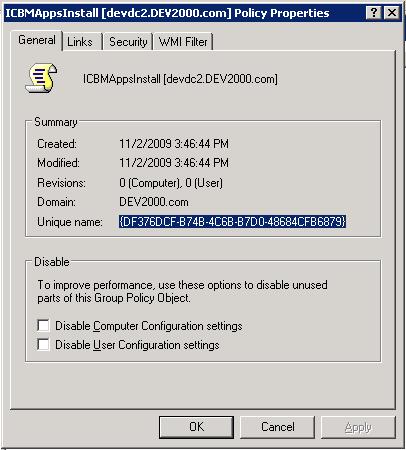 8. Click the General tab and note the Unique Name value. This value is used by Active Directory to create a folder where scripts relating to this group policy will reside on the domain controller. 9.