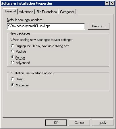 Group Policy Editor: Software installation 9. Right-click Software installation and select Properties. 10. Browse to the network share containing the installation program.