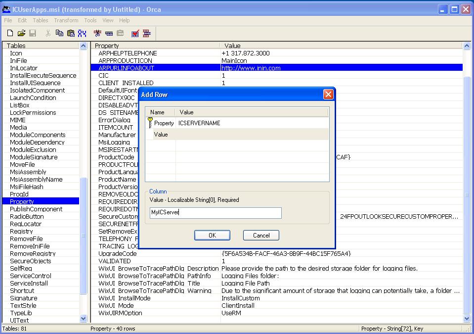 Type the Value name (MyICServer) in the Add Row dialog 6. Click OK to close the Add Row dialog, and right-click in the right-side window again and select Add Row. 7.