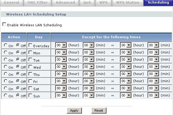 Chapter 8 Wireless LAN 8.8 Scheduling Use this screen to set the times your wireless LAN is turned on and off. Wireless LAN scheduling is disabled by default.