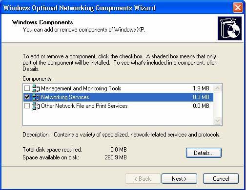 Chapter 19 UPnP 4 The Windows Optional Networking Components Wizard window displays. Select Networking Service in the Components selection box and click Details.