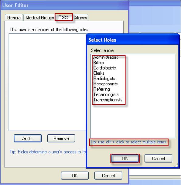 Admin console - editing/merging patients ADDING ROLES To assign a role to a user. 1. Select the Roles tab on the User Editor dialog. 2. Select Add.