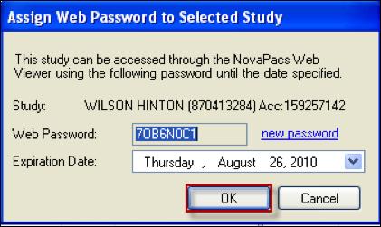PACS will automatically assign a password to the selected study. You can change the expiration date by using the drop-down arrow.