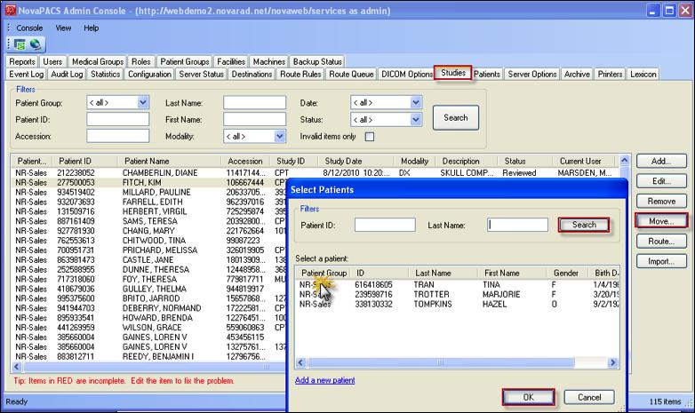 Studies tab MOVING STUDIES 1. Click on Move from the far right of the studies tab. 2. Search for the Patient ID or Last Name of the patient to which the study will be moved to. 3.