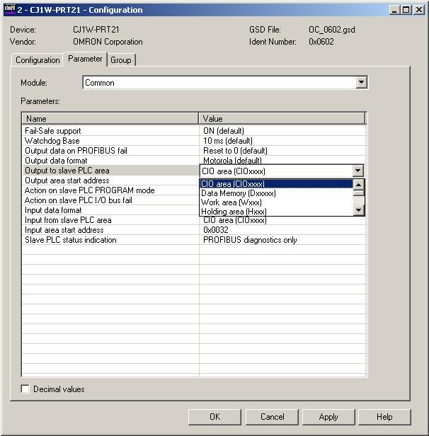 Configuring the Slave Devices Section 6-3 Example The Parameter tab of the CJ1W-PRT21 is shown in the figure below. It lists the common parameters for the CJ1W-PRT21.