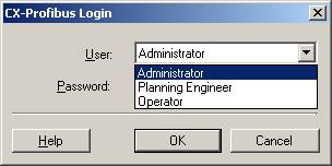 The selection opens the User Accounts window, as shown below. Changing Access Rights By selecting the check box next to a level, the Administrator can grant access rights to CX-Profibus, i.e. the checked levels can start and access CX-Profibus.