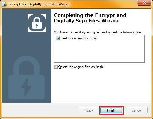 The Completing the Wizard page displays with a success message and lists the secured file(s). Note: The files have a.p7m extension indicating that they are secure. 7.