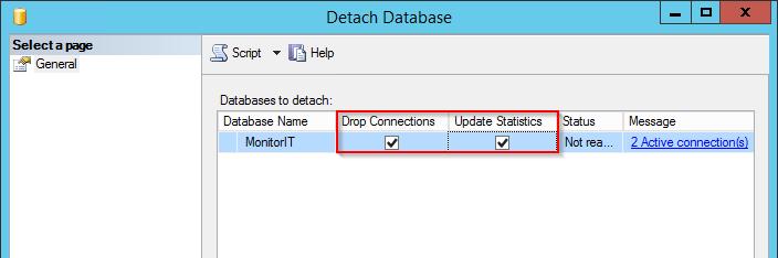 3. A Detach Database window will appear, check the boxes for Drop Connections and Update Statistics 4. Select OK to start the detaching process. a. Please note, depending on the size of the database this could take 2-20 minutes b.