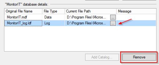 5. This will bring you back to the Attach Databases window, in the Database Details section at the bottom of the pane, select the Log file type and then click Remove 6.