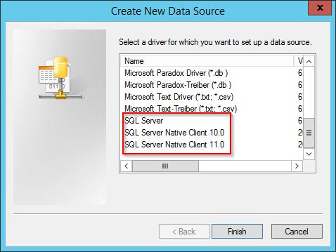 4. Next click Add and scroll through the list to select the driver type. We suggest using the SQL Native Client over the SQL Server option if it is available. 5.