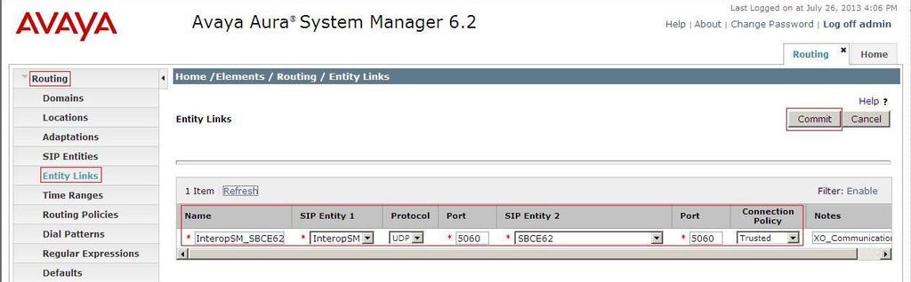 The following screen illustrates the Entity Links to SBCE. The protocol and ports defined here must match the values used on the Avaya SBCE mentioned in Section 7.2.4 and 7.2.6.
