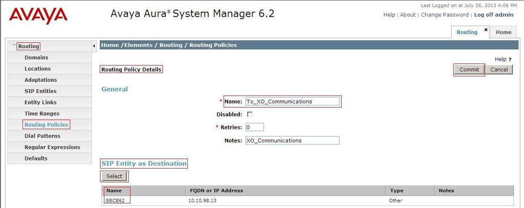 The following screen shows the Routing Policy Details for the policy named To_XO_Communications associated with outgoing calls from Communication Manager to the PSTN via XO Communications through the