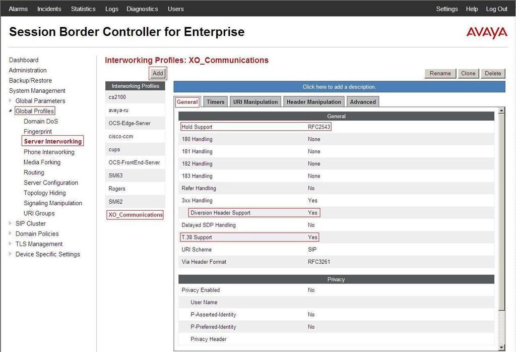 7.2.2. Configure Server Interworking Profile XO Communications site From the menu on the left-hand side, select Global Profiles Server Interworking Add Enter Profile name: XO_Communications Check