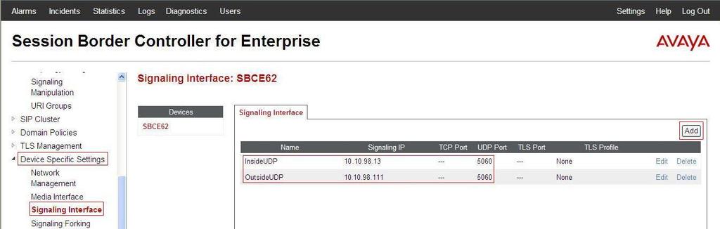 13 (Internal IP Address toward Session Manager). - UDP Port: 5060 - Click Finish (not shown).