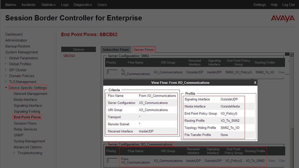 7.4.4.2 Create End Point Flows - XO Communications From the menu on the left-hand side, select Device Specific Settings End Point Flows. Select the Server Flows Tab.