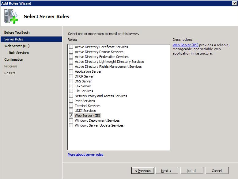 5 In the Select Server Roles page, select Web Server (IIS), and then click Next.