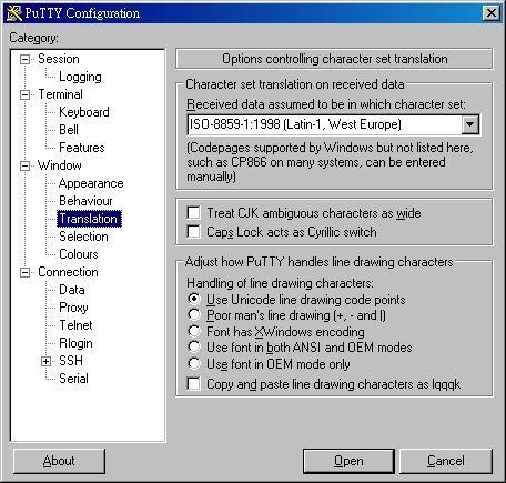 2. In the left column, select Window Translation and then select ISO8859-1:1998 (Latin-1, West Europe) in the Received data assumed to be in which character set: box: Figure 9: PuTTY - Window