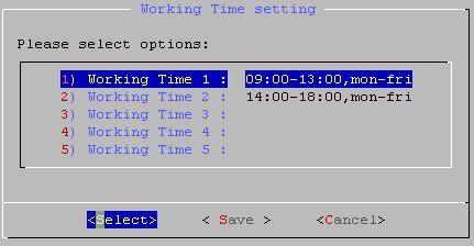 5.6.1 Working Time Working Time defines the general office hour. There have 5 entries in Working Time Setting, Working Time 1 ~ Working Time 5. e.g. 09:00-13:00,mon-fri Figure 38: Working Time 5.6.2 Holiday Figure 39: Holiday Holiday defines the days exclude from the general office hour.