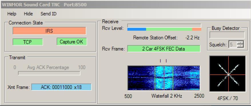 At the Winmor Winlink 2000 Session window. Check to confirm the channel is not busy. If you see a signal in the spectrum, or hear a signal over the air, wait for this to finish before proceeding.