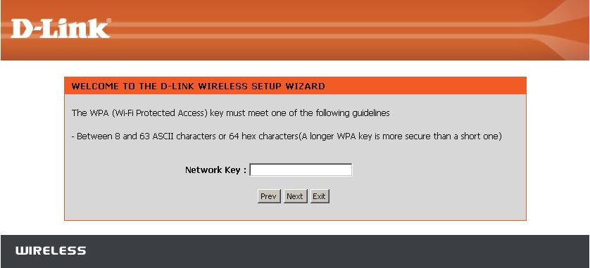 For WPA encryption, enter a Network Key between 8 and 63 characters long or enter exactly 64 characters using 0-9 and A-F. Click Next to continue.