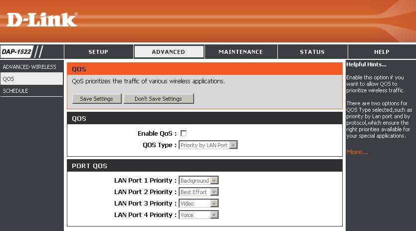 Enable QoS: QoS Type: Priority by LAN Port: Enable this option if you want QoS to prioritize your traffic.