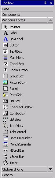 22 Toolbox displaying the contents of the Windows Forms tab.