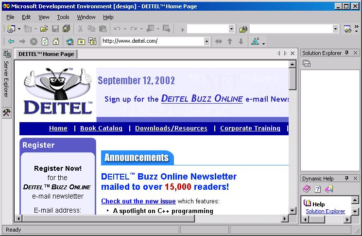com in the location bar Figure 2.5 Web site (www.deitel.com) being entered in the location bar. Figure 2.6 DEITEL home page displayed in the Visual Studio.