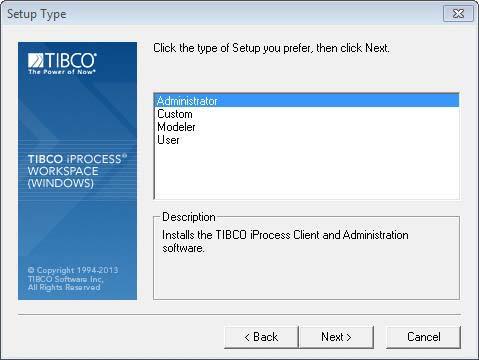 10 Chapter 2 Installing TIBCO iprocess Workspace (Windows) Figure 2 Setup Type Dialog 10.