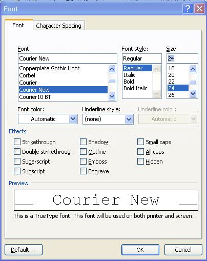 Font Setting (If not using Braille direct input) Figure 40: Displays the Font dialog window Courier New