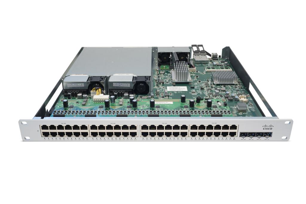 INSIDE THE MERAKI MS MS350-48FP shown, features vary by model Energy Efficient Power Supply with Variable Speed Fans Stacking connectors High Reliability / MTBF Extended Life Components 48 1 GbE