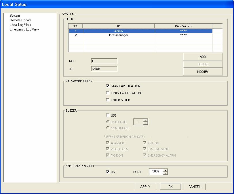 Select the System menu in the Local Setup window to set up the local system. The admin can register and modify the Client user.