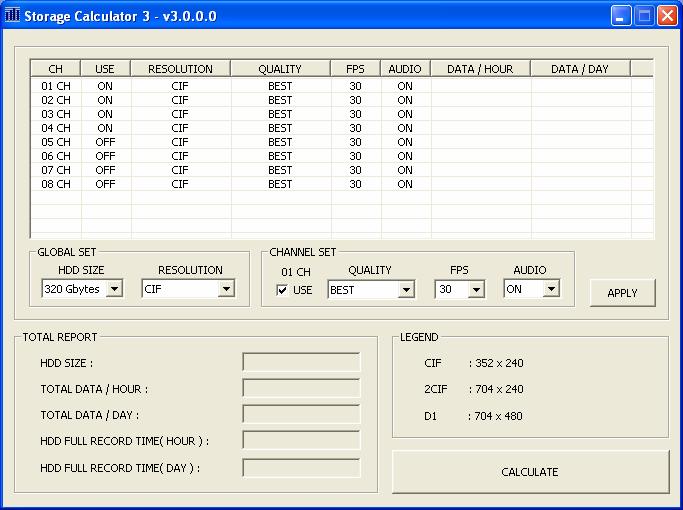 Appendix E Storage Calculator The Storage Calculator application is used to calculate the amount of recording time available on your Hard Drive, based on the System Recording Settings.