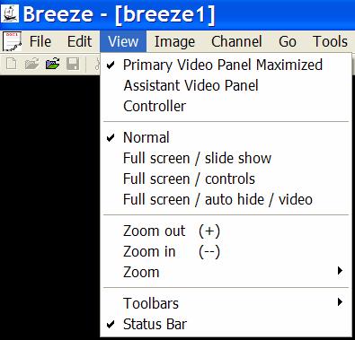 Breeze menus View menu commands Primary Video Panel Maximized Use this command to maximize or minimize primary video panel. This command hides or shows assistant and controller panels.