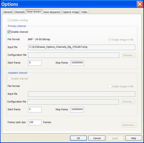 Options dialogs Breeze User Guide "Read stream" options dialog box This dialog allows you to enable / disable reading of input streams and set their parameters.