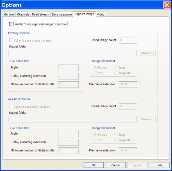 Options dialogs "Capture image" options dialog box This dialog allows you to enable / disable "Save captured image" operation for processed streams and set parameters of "Save captured image"
