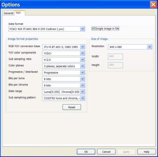 Options dialogs Breeze User Guide "File formats: YUV" options dialog box This dialog allows you to specify parameters of YUV format file / stream.