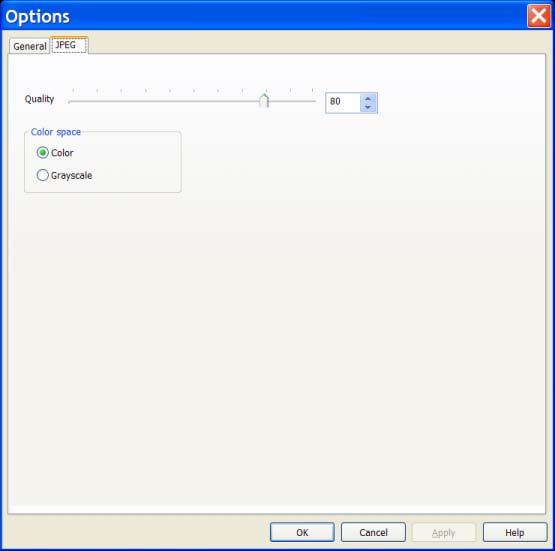 Options dialogs Breeze User Guide "File formats: JPEG" options dialog box This dialog allows you to specify parameters of JPEG file / stream format.